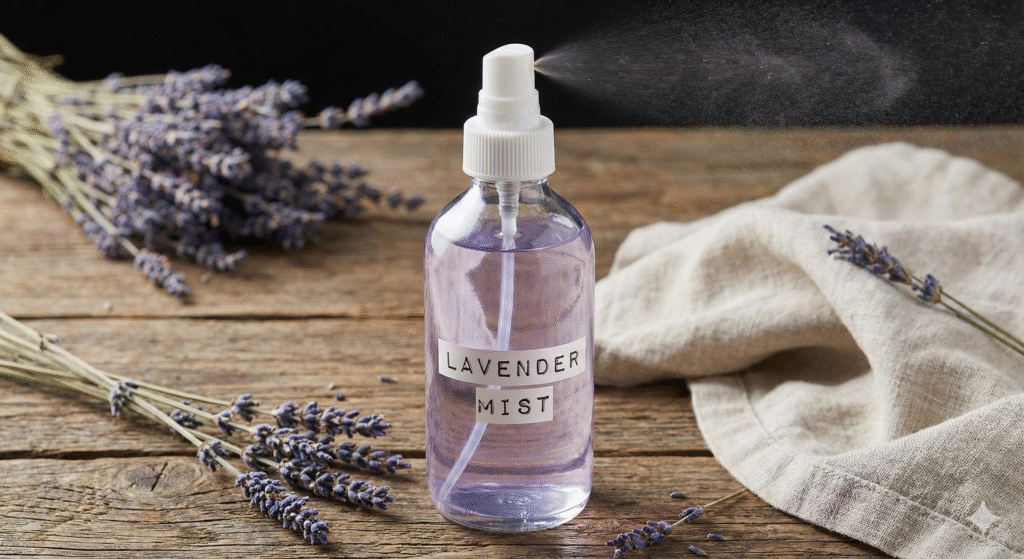 Botella de spray Lavender Mist de vidrio transparente con líquido morado, sobre una mesa de madera con lavanda seca y un paño de lino.