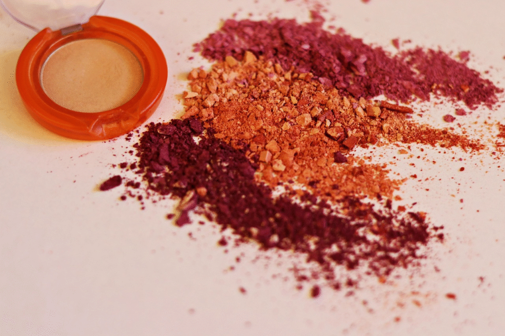 Micas para cosmética y pigmentos minerales sueltos en tonos morado, naranja y rosa junto a una sombra de ojos compacta terminada