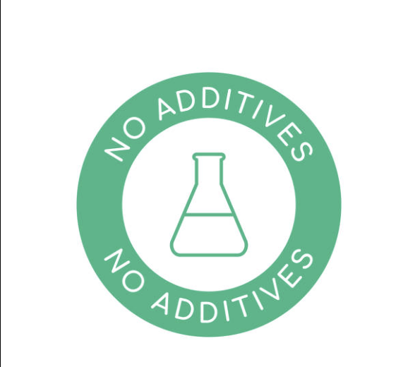 Icono circular verde con silueta de matraz de laboratorio y texto "No Additives" repetido.