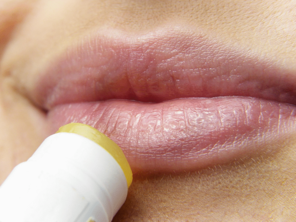 Primer plano de aplicación de bálsamo labial amarillo en barra sobre labios secos y agrietados.