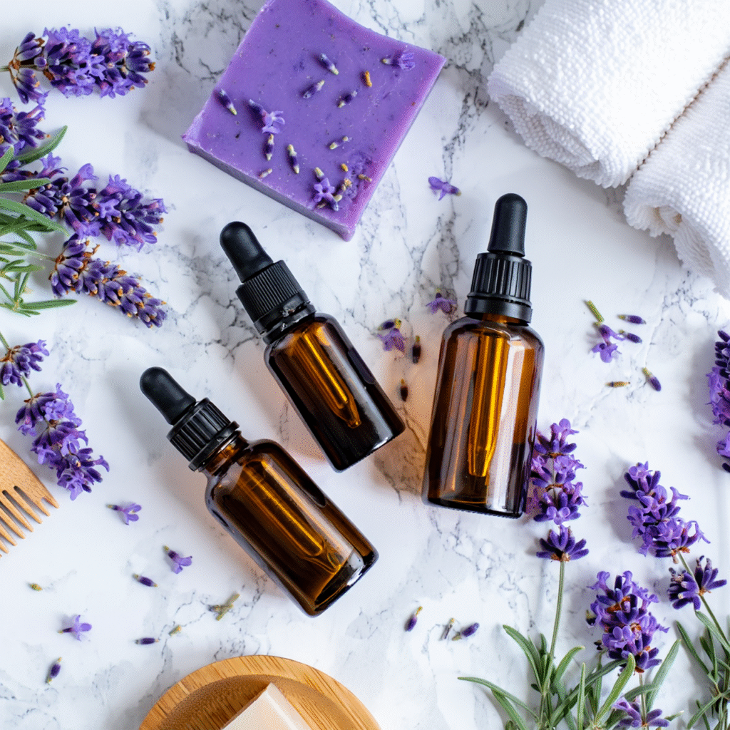 Vista superior de tres botellas de vidrio ámbar con gotero para aceite esencial de lavanda, jabón artesanal morado con incrustaciones, toallas blancas enrolladas y ramos de lavanda fresca sobre superficie de mármol blanco.