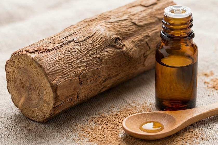 Tronco de madera de sándalo y frasco de aceite esencial con cuchara de madera.