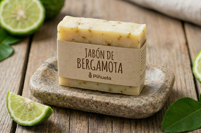 Jabón de bergamota Piñuela en jabonera de piedra, rodeado de limas y hojas de bergamota sobre madera.
