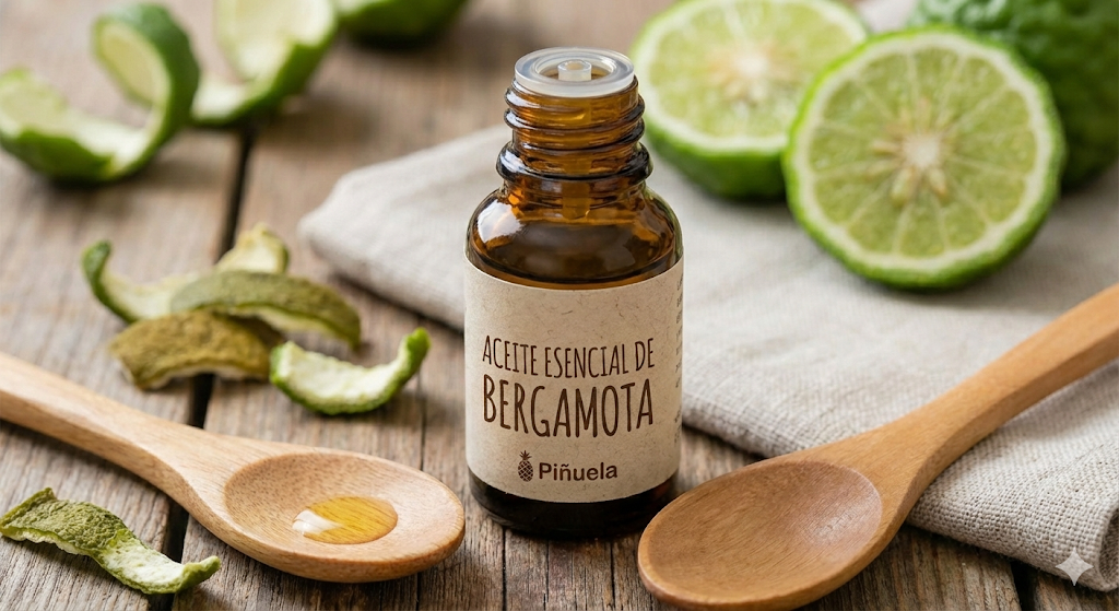 Aceite Esencial de Bergamota Piñuela en botella de vidrio ámbar con cáscaras de fruta y cucharas de madera sobre mesa rústica.