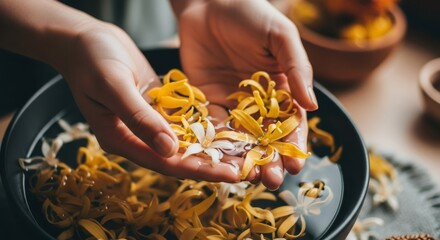Manos delicadas sosteniendo flores frescas de ylang ylang sobre un cuenco con agua, representando un ritual de belleza natural y aromaterapia.