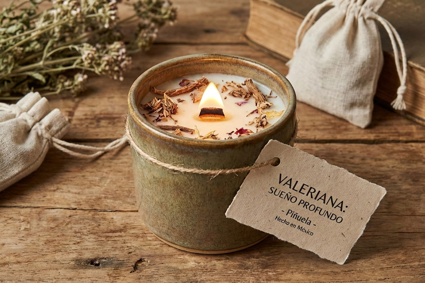 Vela artesanal de soja en tarro de cerámica rústica con mecha de madera encendida, hierbas secas de valeriana y etiqueta de papel kraft que dice "VALERIANA: SUEÑO PROFUNDO