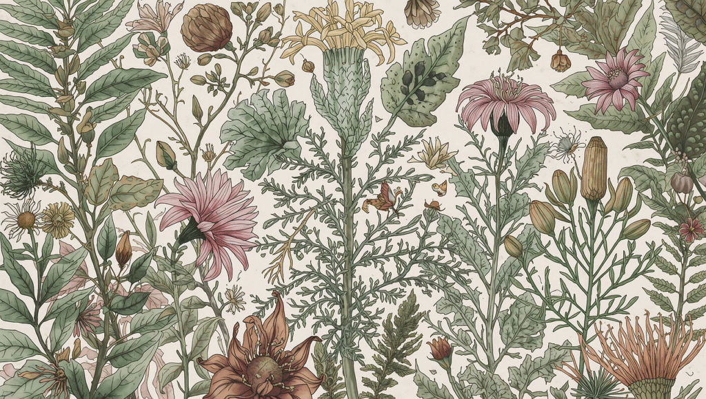 Ilustración detallada de estilo vintage que muestra diversas flores silvestres, cardos y hojas en tonos pastel sobre un fondo crema neutro.