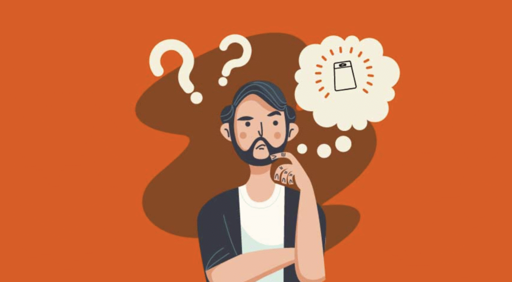 Ilustración de un hombre con barba en actitud pensativa con signos de interrogación y un globo de pensamiento que muestra un producto de compra.